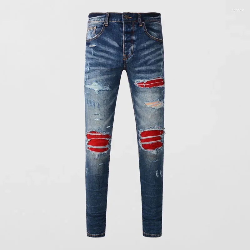 Men's Jeans Streetwear Fashion Designer Men Retro Dark Blue Elastic Skinny Fit Button Ripped Red Patched Hip Hop Brand Pants