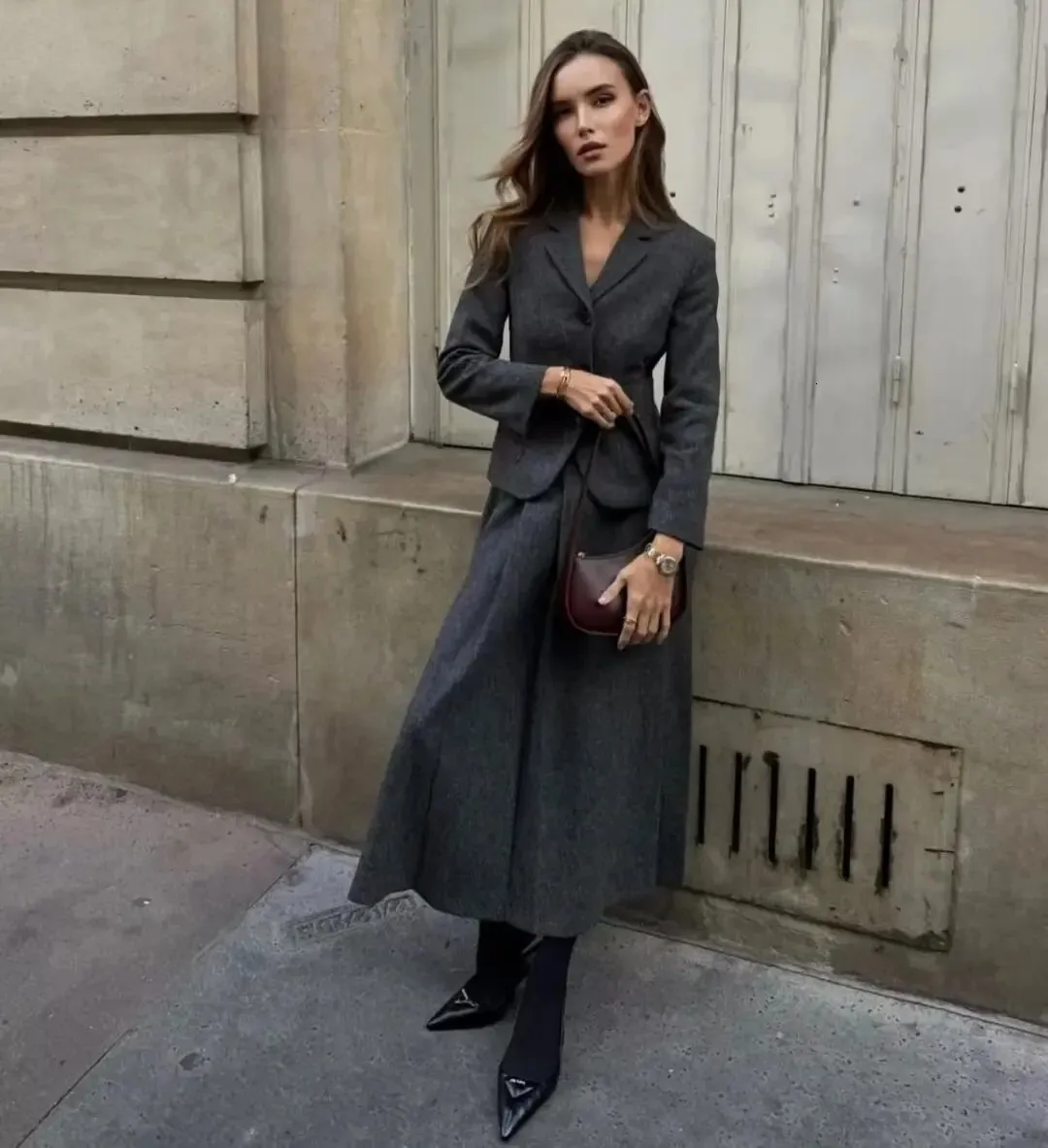 Maxi Skirt Outfit Grey Skirt And Blazer Women's Gray Midi A-line