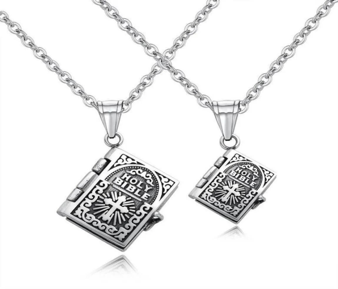 Pendanthalsband Vintage Punk Holy Bible Halsband för män Kvinnor kan öppna silverfärg 316L Titanium Steel Prayer Jewelry1802178