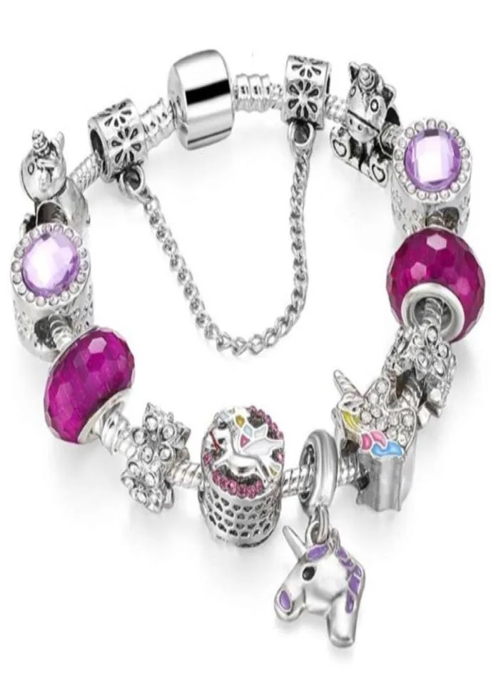 Personalised children kids girls Luxury blue sier unicorn horse charm bracelet79095423554452