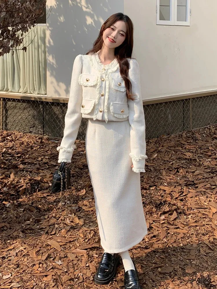 Skirt Womens White Tweed Jacket Elegant White Tweed Suit Set