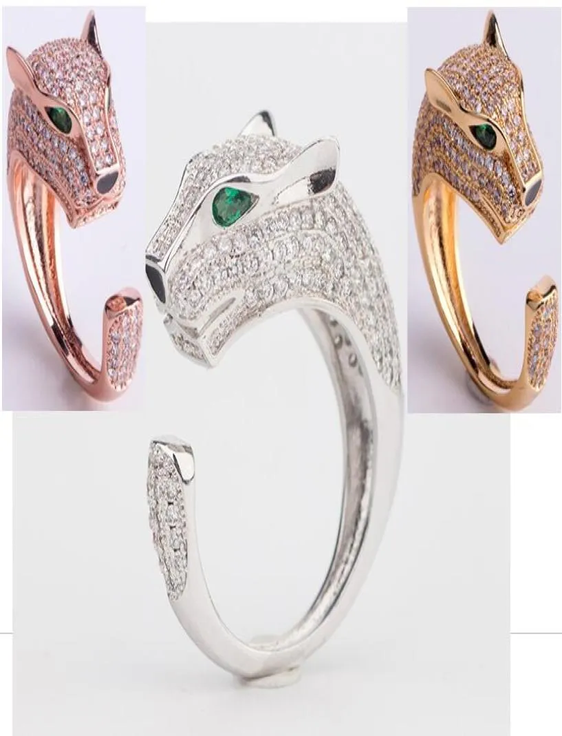 Fashion Lady Brass Full Diamond Green Eyes Zircon Leopard Head 18K Gold Wedding Engagement Open Rings 3 Color9079161