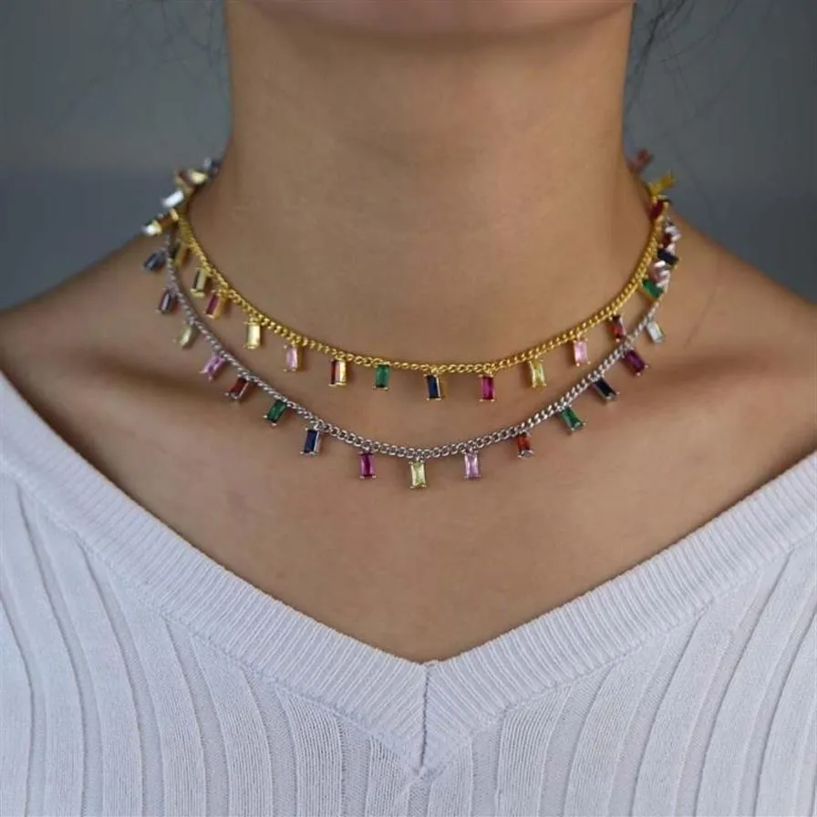 Colliers de mode Collier d'or pour femmes Charme chaîne de pierre colorée à la main Baguette arc-en-ciel CZ Bijoux de fête Whole282Z