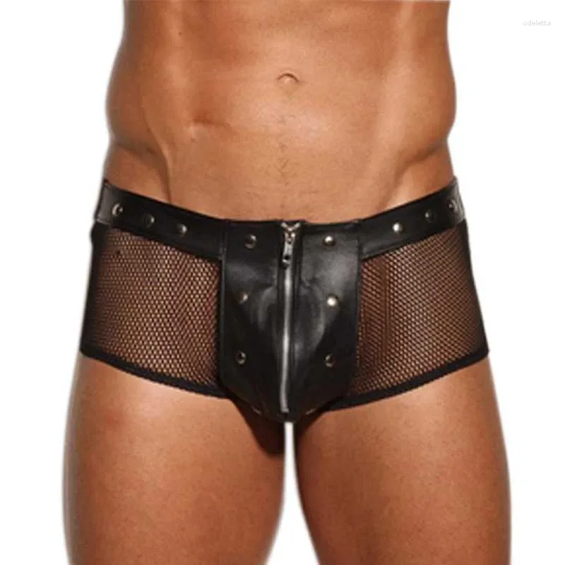 UNDANTANT ERKEK SİYAH SAHİP DERİ BOXER SHORTS Erkek Punk Şeffaf Fishnet Lingerie Zip Açık ön iç çamaşırı eşcinsel külot