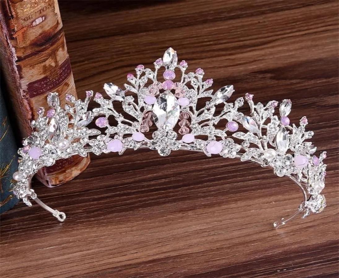 Kmvexo europeu novo artesanal bonito rosa cristal contas coroa noiva jóias de cabelo casamento tiaras diadema headpieces y2004097848008