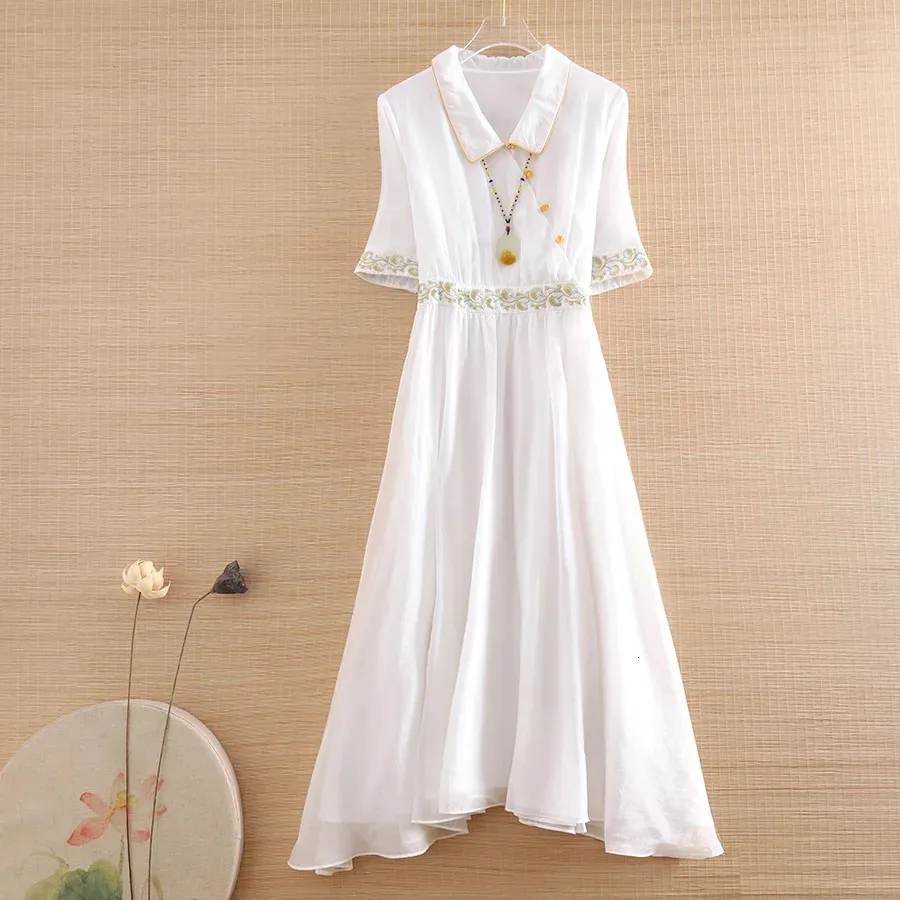 Ethnic Clothing Highend Spring Summer Women Rayon Dress Retro Elegant Embroidery Short Sleeve Aline Lady Party Hanfu SXXL 231212