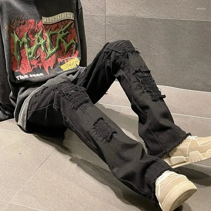 Calças de brim masculinas com buracos homem cowboy calças estéticas rasgadas quebradas pretas retas 2023 tendência solta algodão lavado kpop