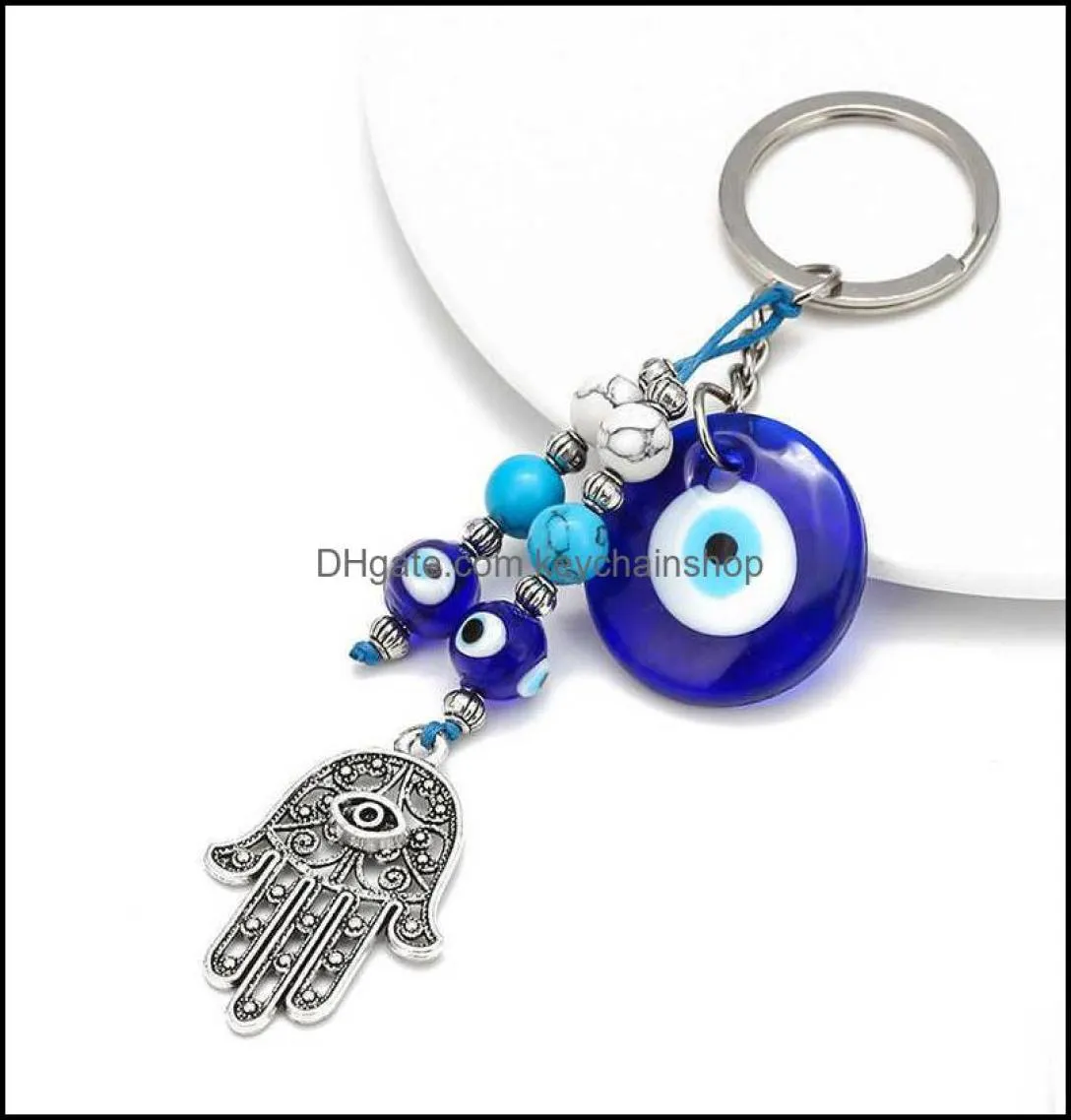 Keychains Fashion Accessoires 2021 Turc Evil Eye Lucky Blue Fatima Hand Charket Trinket Chain Vintage Keyring For Hommes Femmes C2074235