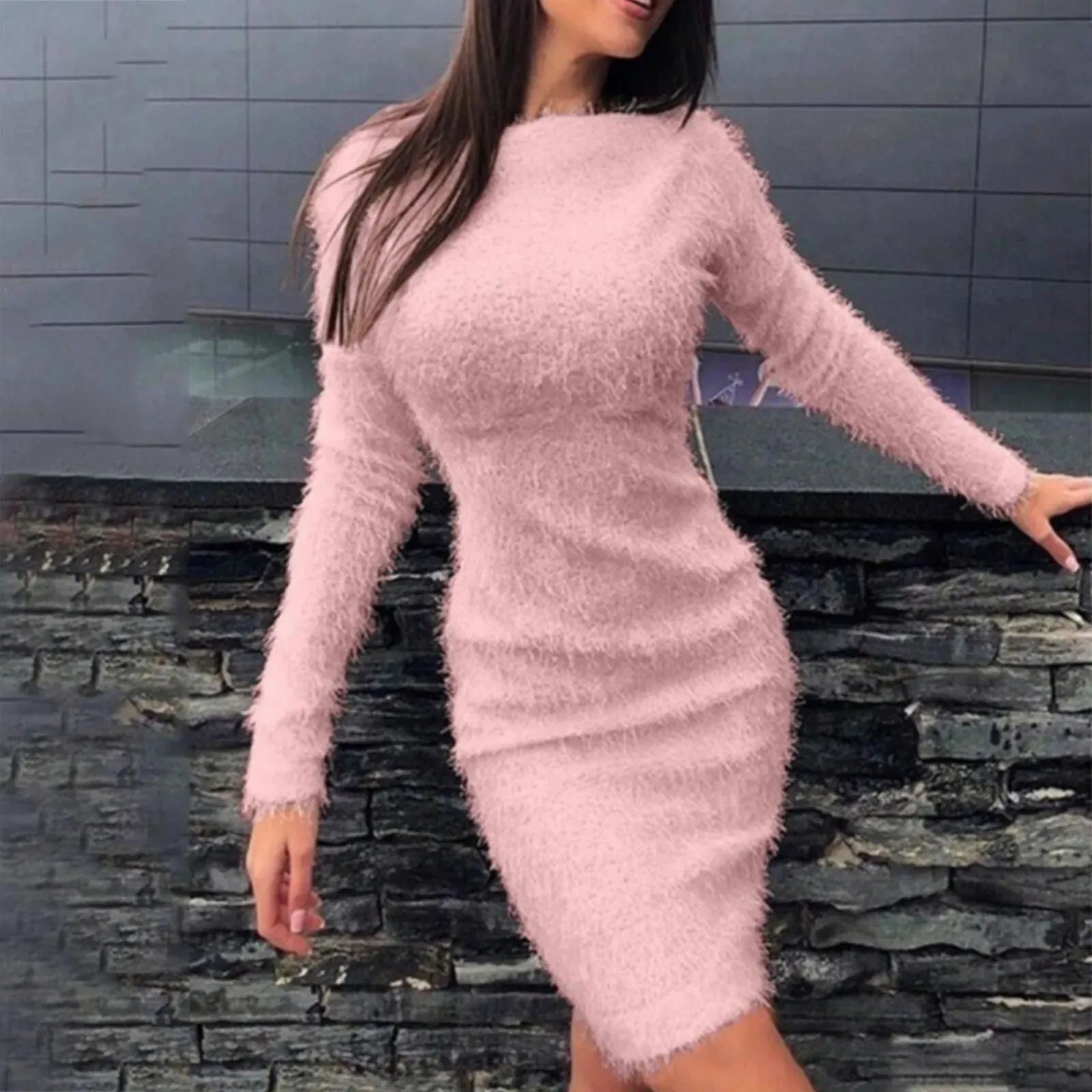 Winter Plush Warm Sweater Women's Long sleeved Turtle Neck Party Dress Knitted Tight Mini Bottom Dress Vest Robe 231213