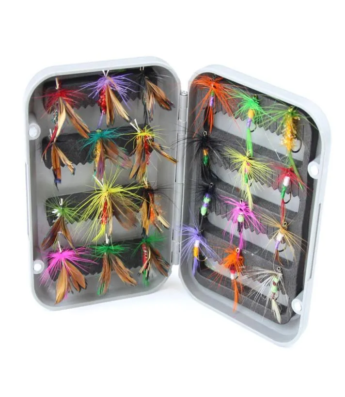 Rosewood 24pcs conjunto de isca de pesca com mosca seca com caixa truta artificial carpa baixo borboleta inseto isca de água salgada pesca com mosca 5109057