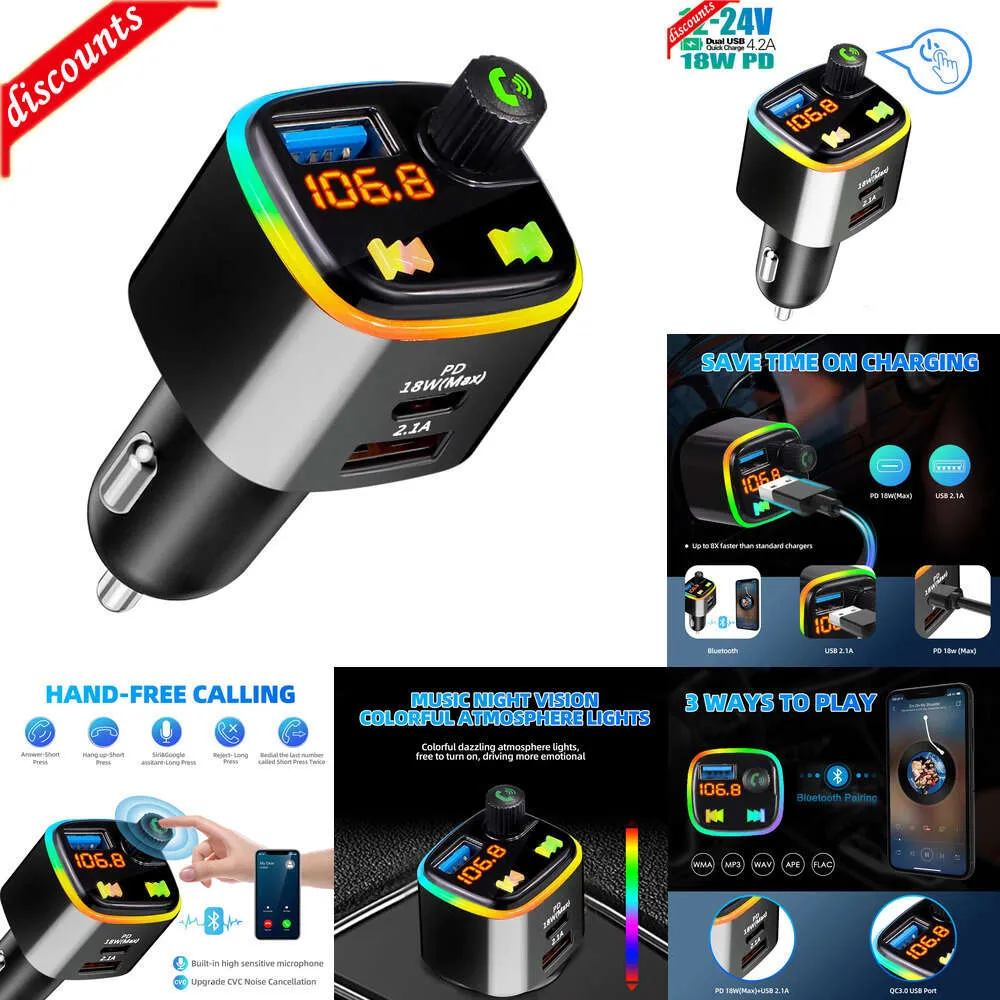 Neue andere Autoelektronik FM-Transmitter Bluetooth 5.0 Car Kit Handfree PD 18W Typ-C Dual USB 4.2A Schnellladung Kabelloser MP3-Musikplayer mit Umgebungslicht