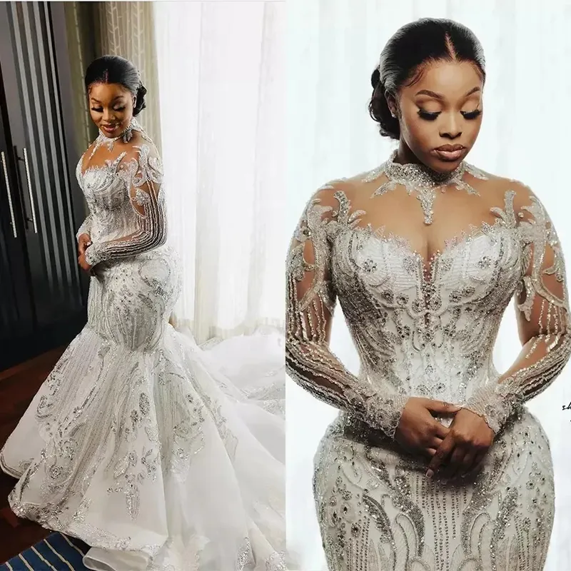 Luxurious African Arabic Wedding Dresses Country Style Mermaid Long Sleeves Lace Bridal Dress for Black Women Rehinestones Lace Tiered Organza Gowns CDW057