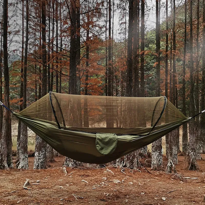 Portaledges Automatisk Quickopening Mosquito Net Hammock Outdoor Camping Pole Swing Antirollover Nylon Rocking Chair 260x140cm 231212