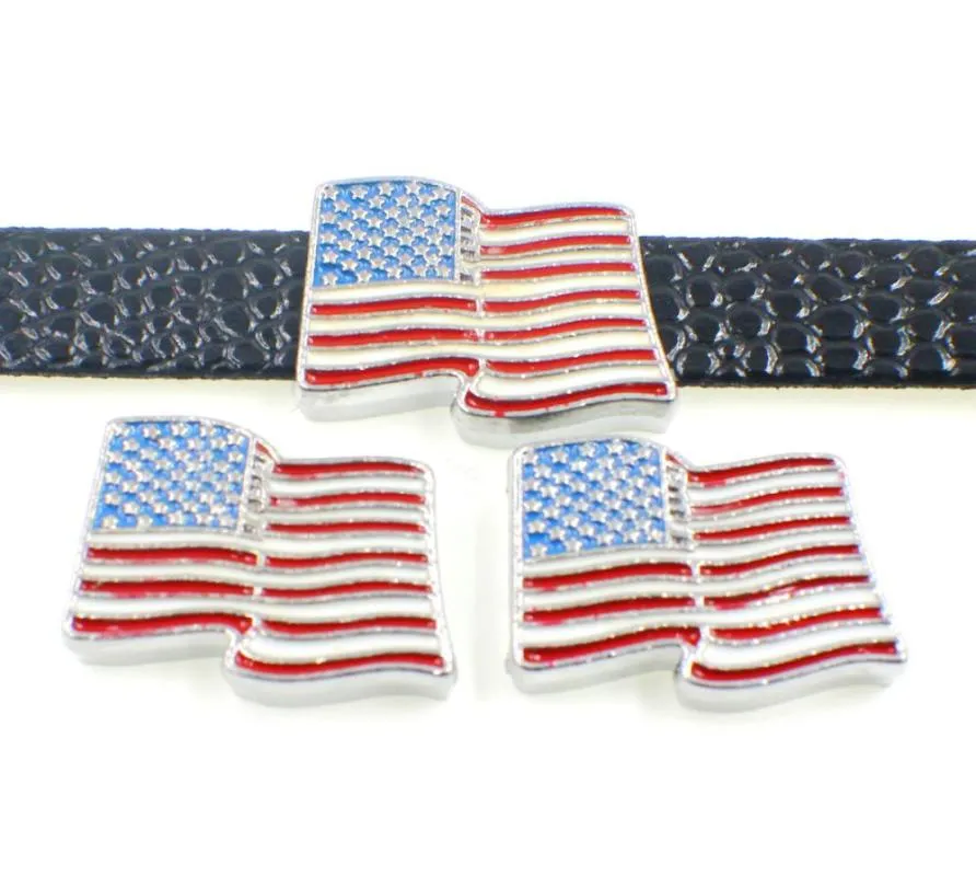 Whole 50pcslot 8mm American Flag slide charms fit for diy 8MM leather wristband bracelet fashion jewelrys1615819