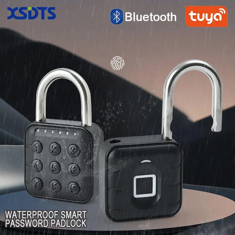 Dörrlås Tuya Bluetooth Smart Biometric FingerPrint Lock Keyless Quick Unlock Anti Stöld Hänglås IP67 Vattentät hemresor Securit 231212
