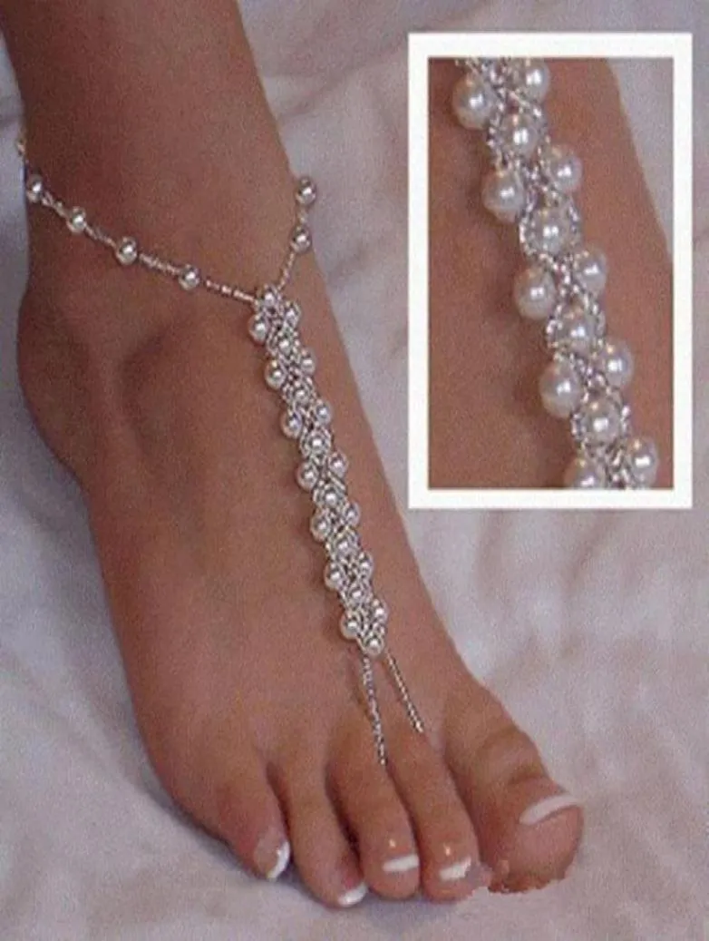 Ankiety 1PCS imitacja moda Pearl z koraliki Elastyczność Pierścień Summer Beach Bridal Sandals Foot Jewelry Kobiety Anklet8821099