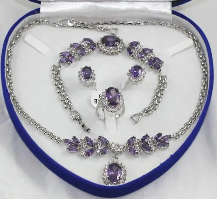 Cały ładny fioletowy kryształowy srebrny naszyjnik Bransoletka Kolczyki pierścieniowe zestawu biżuterii