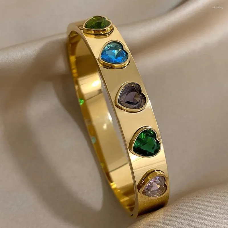 Bracelets à maillons AENSOA 316L en acier inoxydable minimaliste tendance incrusté de coeur coloré Bracelets en cristal pour les femmes usage quotidien cadeau