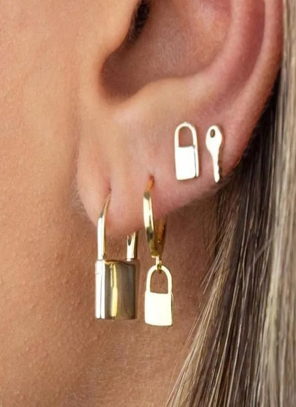 Stud 4pcsset Punk Padlock Keys örhängen för kvinnor Girls Cool Geometric Lock Shape Earings Gold Ear Studs Set Smycken Bijoux5841407