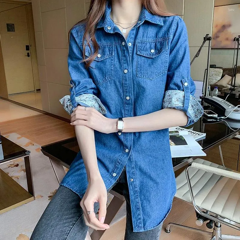 Kvinnors blusar #3127 Spring Autumn Long Sleeve Denim Shirt Women Turn-Down Collar Vintage Blue Office Womens Topps och Cotton Slim Fit