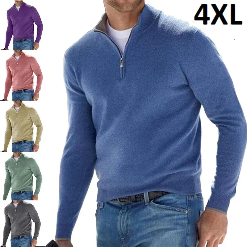 Polos Masculinos Outono Inverno Camisa Polo Quente Cor Sólida Meia Zíper Suéter Casual Slim Com Decote Em V Manga Longa Moletons Masculino Pulôver Top 231212