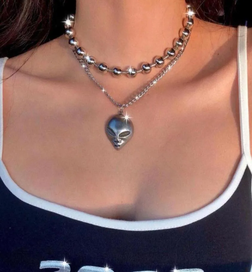 Vintage Alien Kopf Anhänger Halsketten Für Frauen Weibliche 2021 Mode Multilevel Silber Farbe Große Metall Perle Kette Kragen Schmuck8581670