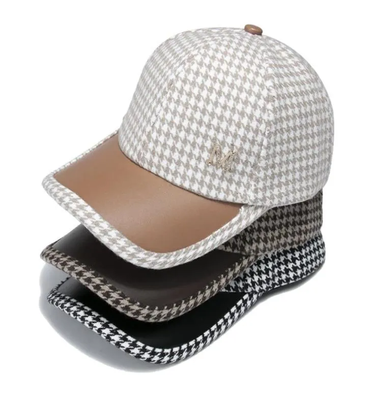 Mode baseball mössor för par kvinnor houndstooth stitching pu läder brim bas boll cap höst och vinter m standard förtjockad7754209