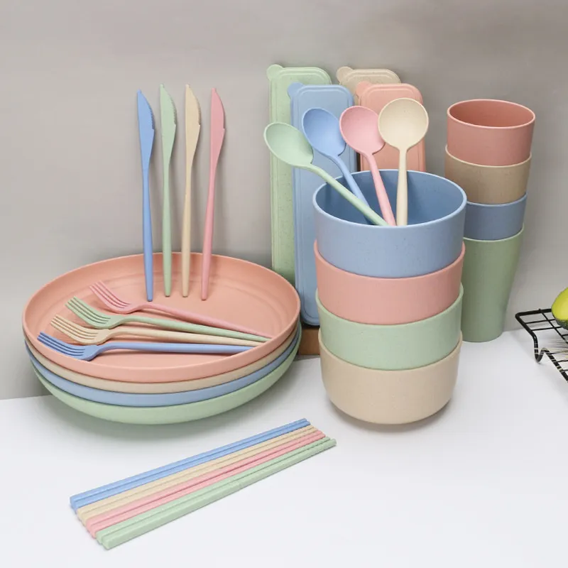 28 pièces/32 pièces ensembles de vaisselle ensemble de vaisselle portable réutilisable famille paille de blé vaisselle outils de cuisine T9I002519