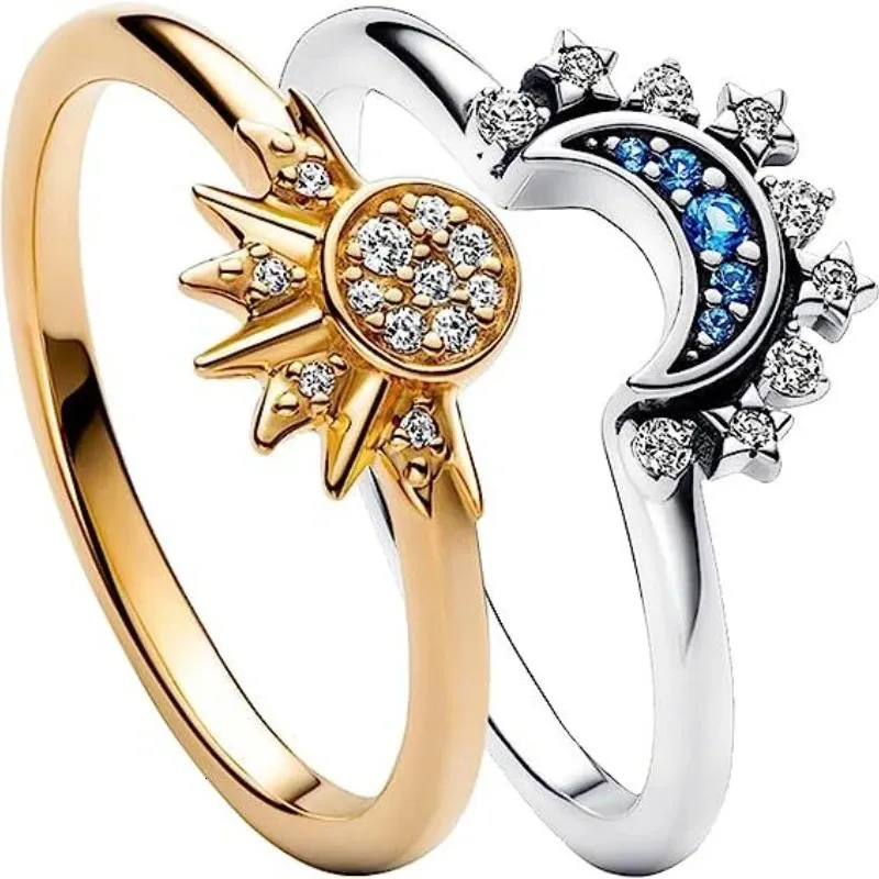 Anéis de casamento 2 pc conjunto verão casal anel conjunto céu azul espumante lua e sol 2023 feminino empilhável dedo jóias de noivado 231213