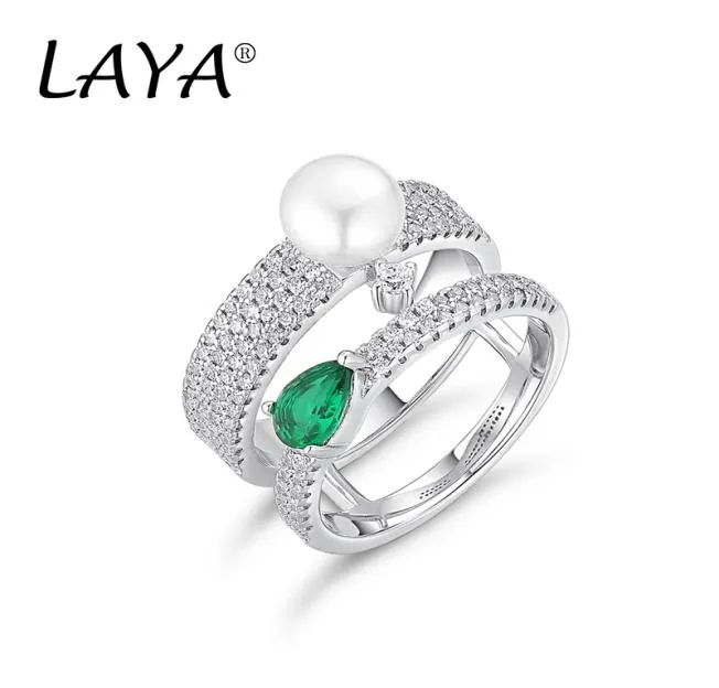 LAYA 925 Sterling Silver Cluster Ring For Women Double Line High Quality Zircon Natural Freshwater Pearl Green Nano Wedding Party 2862430