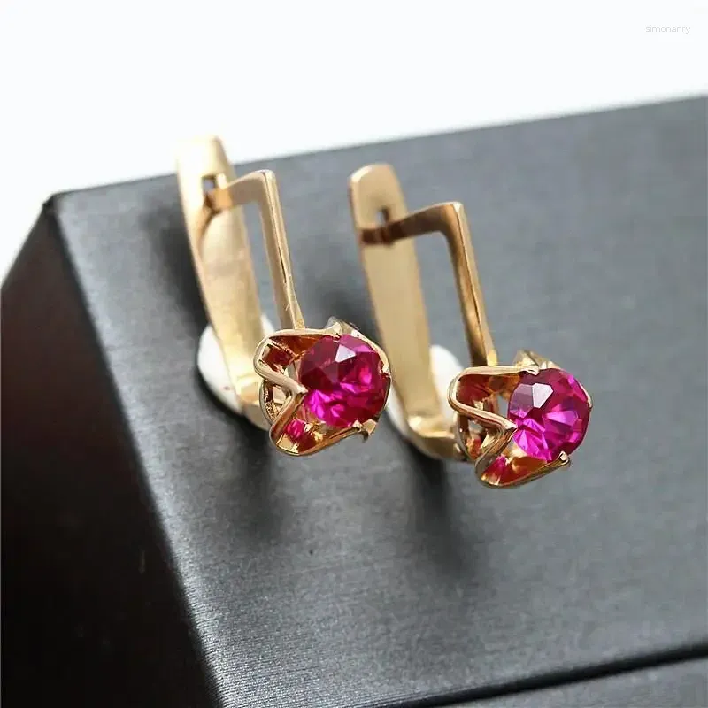 Kolczyki Dangle Classic Style Splaped 14K Rose Gold Długie kolę 585 Purple Czerwony Klejnot dla kobiet Girf