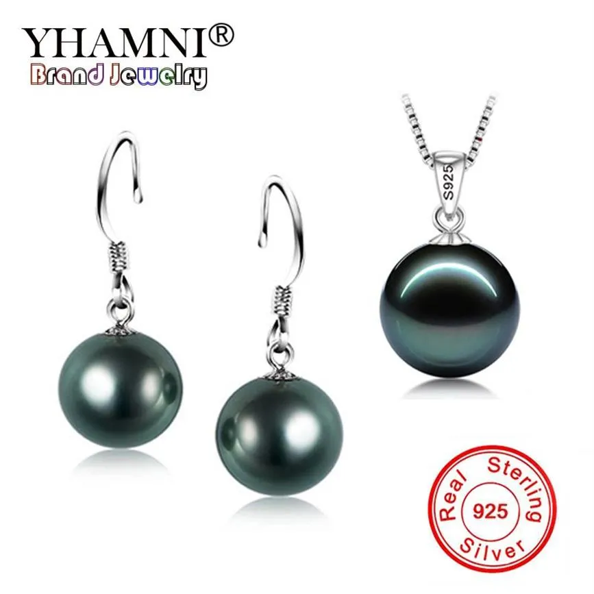 Yhamni Fashion Real 925 Sterling Silver Natural Black Pearl Pendant Halsbandörhängen set bröllop smyckesuppsättningar för kvinnor TZH001254T