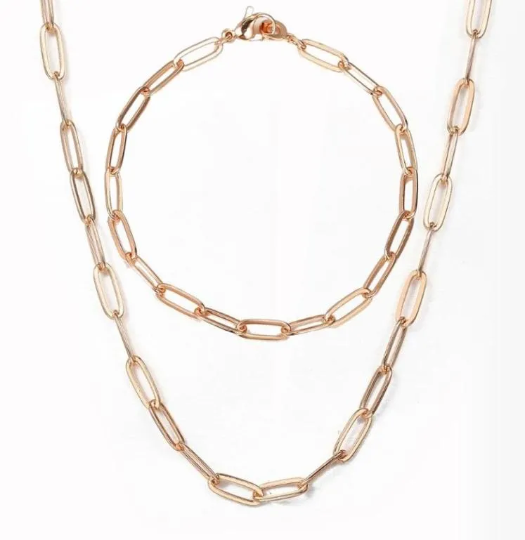 Örhängen halsband Davieslee 4mm breda armband uppsättning för kvinnor 585 Rose Gold Paperclip Rolo Link Chain Jewelry Set LCS246103998