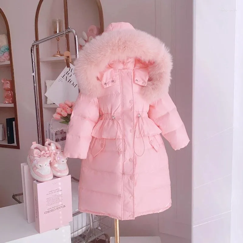 Daunenmantel 2023 Winter Prinzessin Mädchen Jacken Süße Rosa Schwarz Oberbekleidung Fell Kapuze Kinder Parkas Baumwolle Gepolstert Verdicken Warme Lange Mäntel