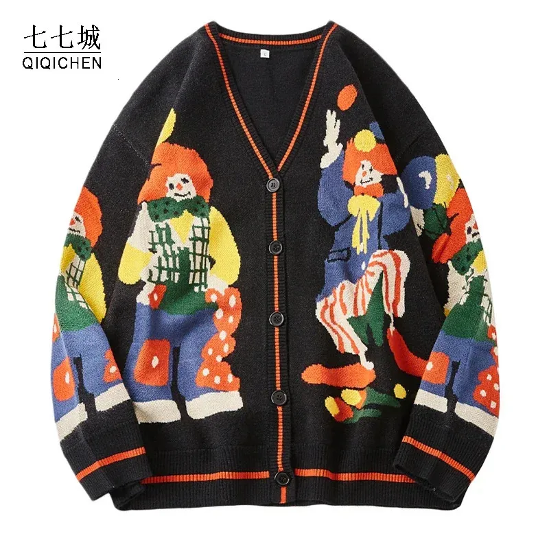 Festive Clown Print Oversized Knit Cardigan For Men Warm Cotton 