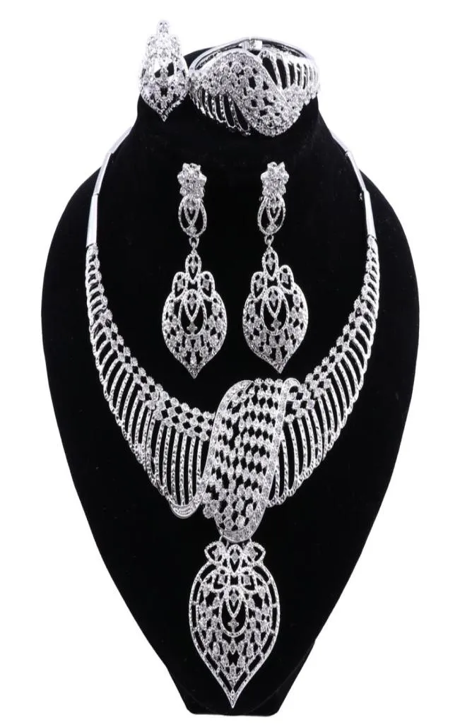 Nya modefrikanska smycken set Dubai Silver Plated Bridal Necklace Earrings Set Crystal Indian Wedding Jewelry1408391