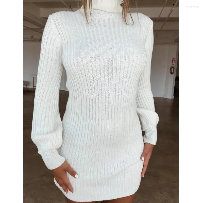 Casual Kleider 2023 Gestrickte Kleid Frauen High Neck Schlank Solide Wolle Pullover Winter Herbst Grundlegende Langarm Vestido Robe