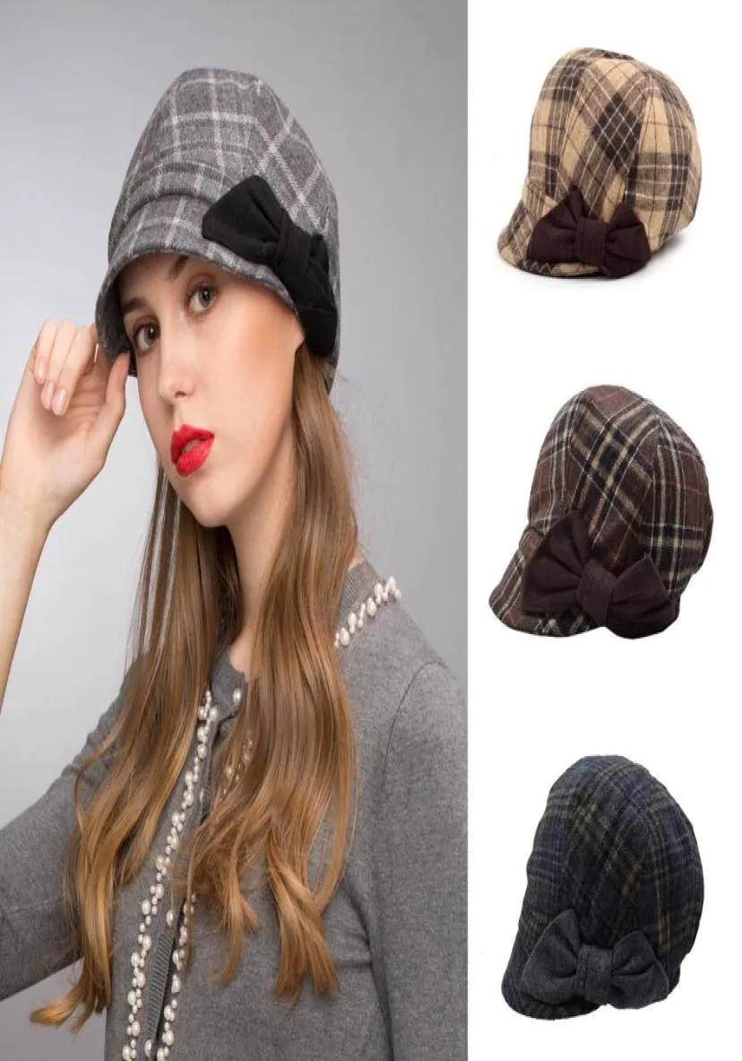 Stand Focus Women Cabbie Baker Boy Gatsby Women Hat Newsboy Cap Fashion Wool Tweed Check Plaid Tartan Fall Winter Gray Brow7162787