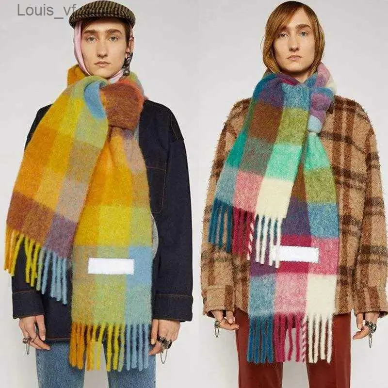 Scarves Winter Rainbow Plaid Scarf Women Cashmere Thickened Shawl Soft Waxy Tassel Scarves Knitted Colorful Men Outdoor Accessor T231213