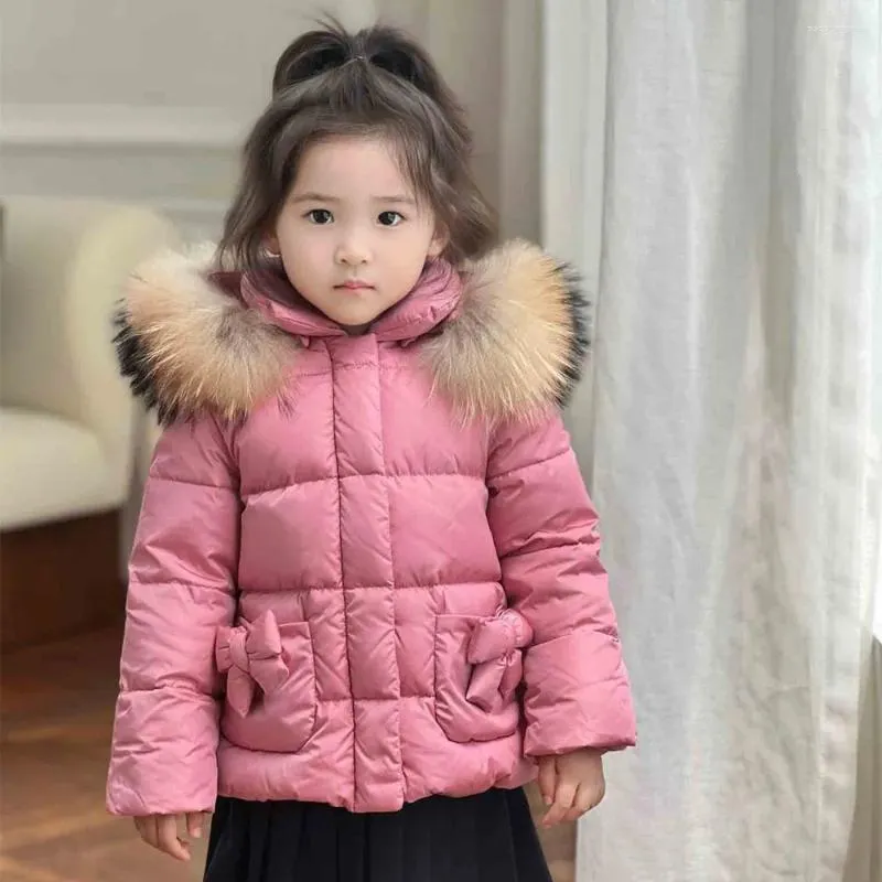 Down Coat Kids Baby Girls Clothes Bow Pocket Pink and Sweet Jacket Högkvalitativ vit Duck