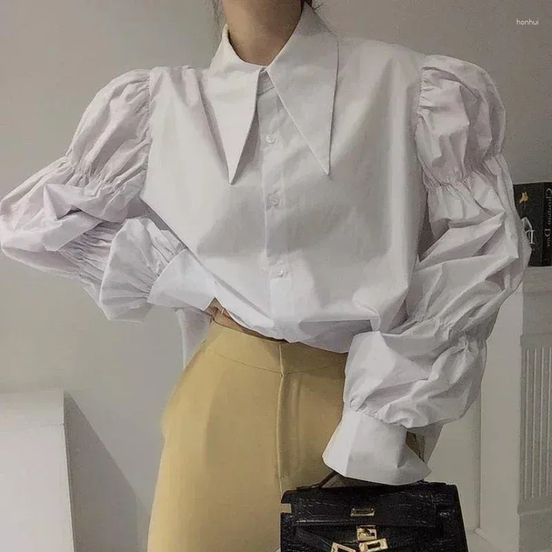 Women's Blouses 2023 Pleated Puff Long Sleeve White Shirt Women Korean Fashion Casual Loose Blouse Spring Autumn Tops Clothes Blusas 30246