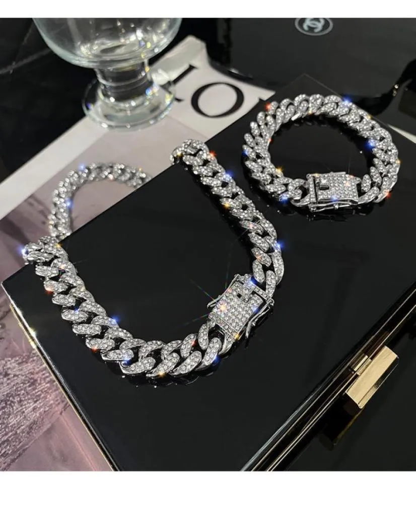 Hiphop Chain Cuban Link Bracelets Necklace for Men and Women Full Diamond Stone Silver Gold Jewelry6084103