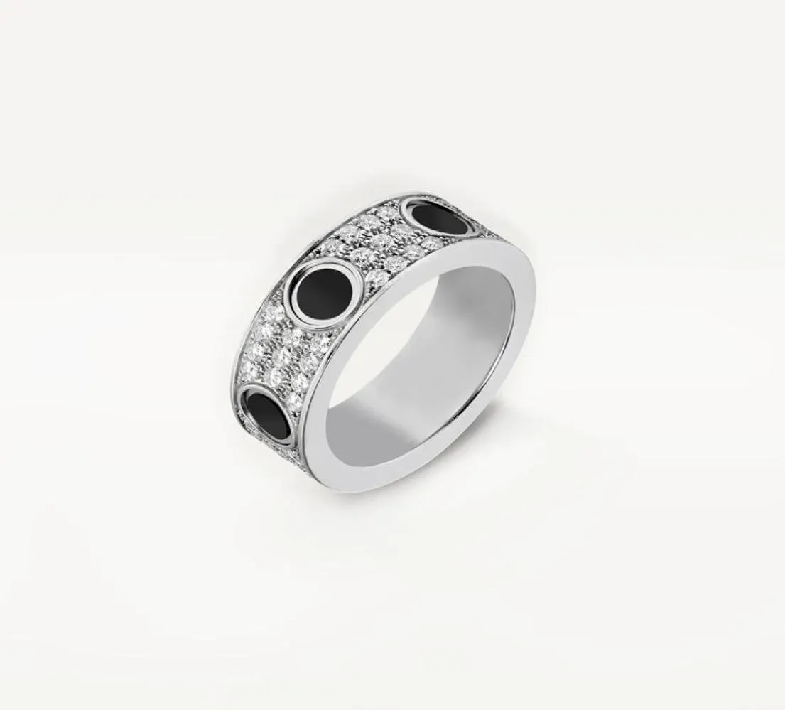 Wysokie wydanie czarne ceramiczne pierścienie miłosne Wedding Połączka Women Mężczyzn Mężczyzn śruby 3 rzędy Diamond Paved 316L Titanium Steel Designer Jewel2054506
