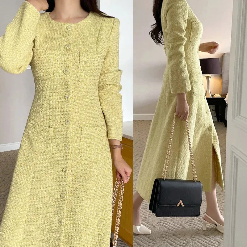 Basic Casual Dresse Französisches kleines duftendes Rundkragen-Chic-Einreiher 2023 Hochwertiges, langärmliges Vintage-Tweed-koreanisches Midikleid 231212