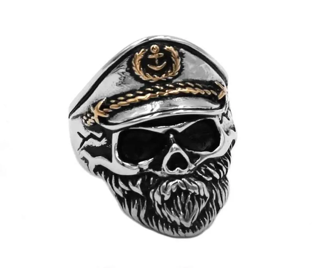 Bague Vintage en forme de crâne de capitaine de la marine, bijoux en acier inoxydable, Punk, ancre, militaire, motard, pour hommes, 891B8261568