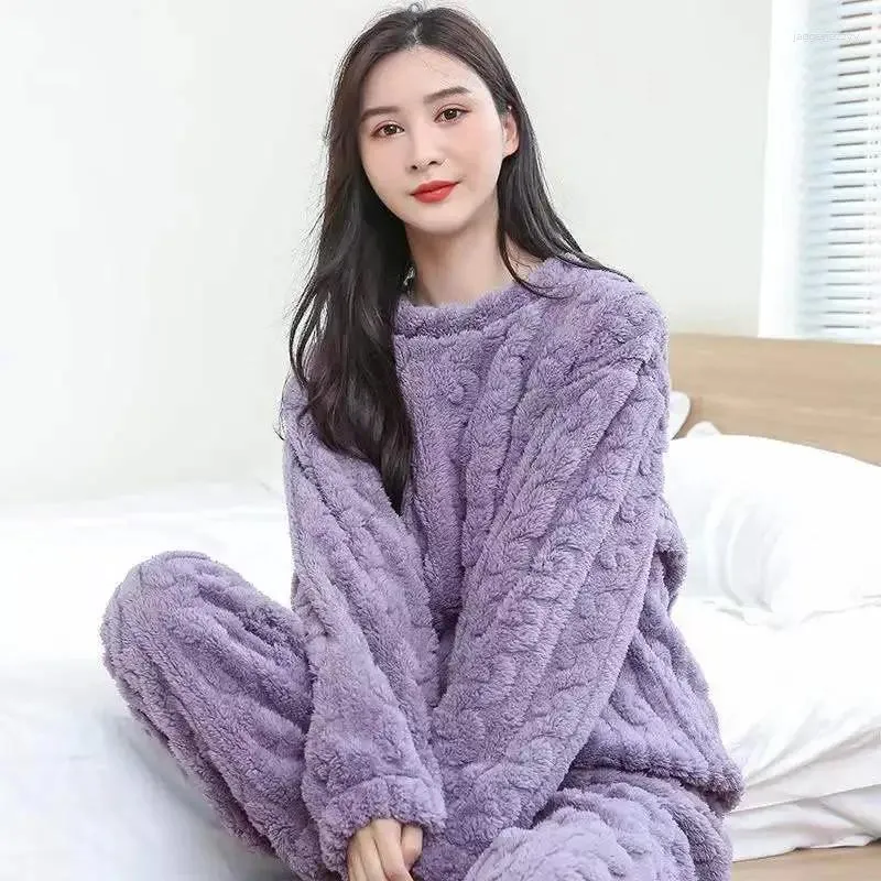 Women Fleece Pajamas Set Winter Sleepwear Solid Velvet 2 Piece Pant Home  Suit Fluffy Casual Pajamas Warm O-neck Night Wear 2023