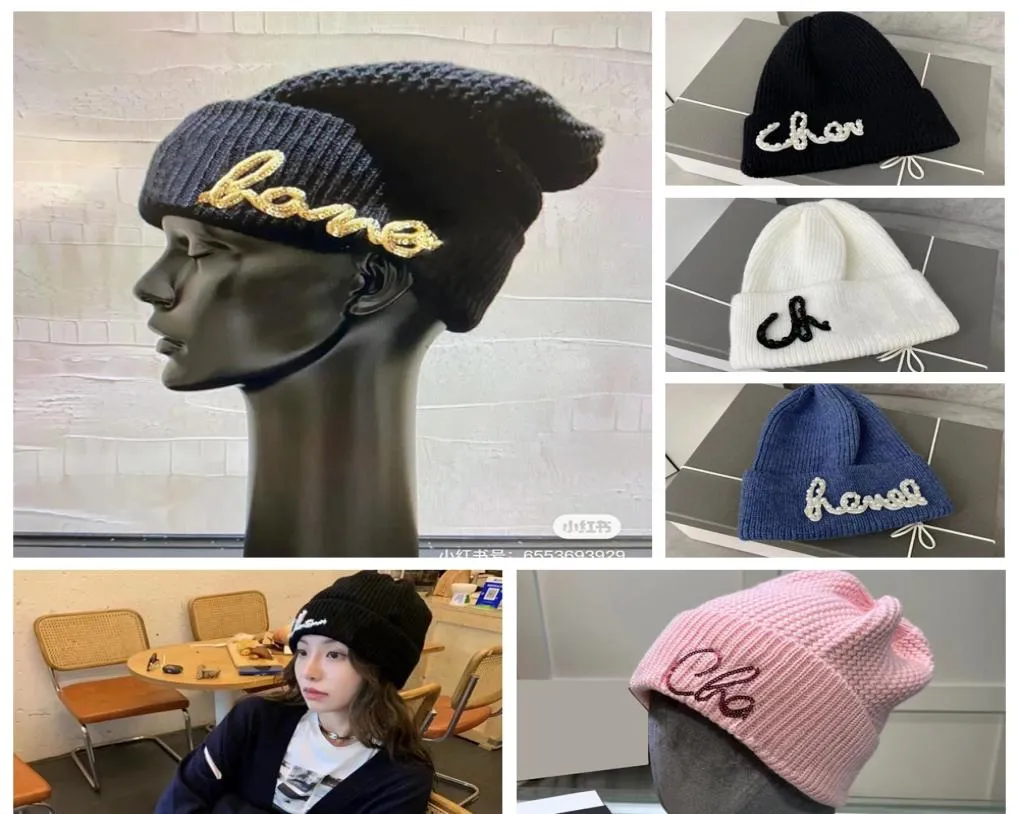 Designer Beanie Bronzing Shiny Letters Sticked Hat Winter Cap Pearl Decoration Sticked Hats Ski Outdoor Windproof and Warm mycket NI1006171