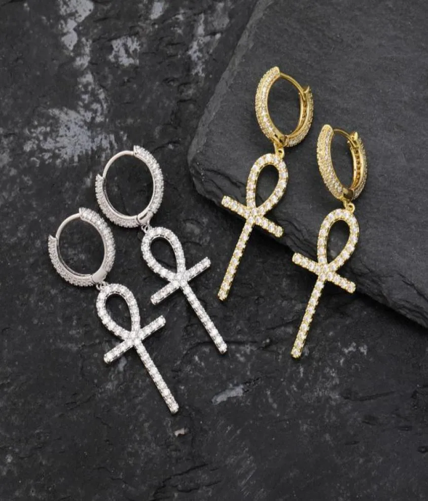 Ankh nyckel dingle örhängen hip hop smycken guld silver mode mens diamant zirkon cross earring8883167