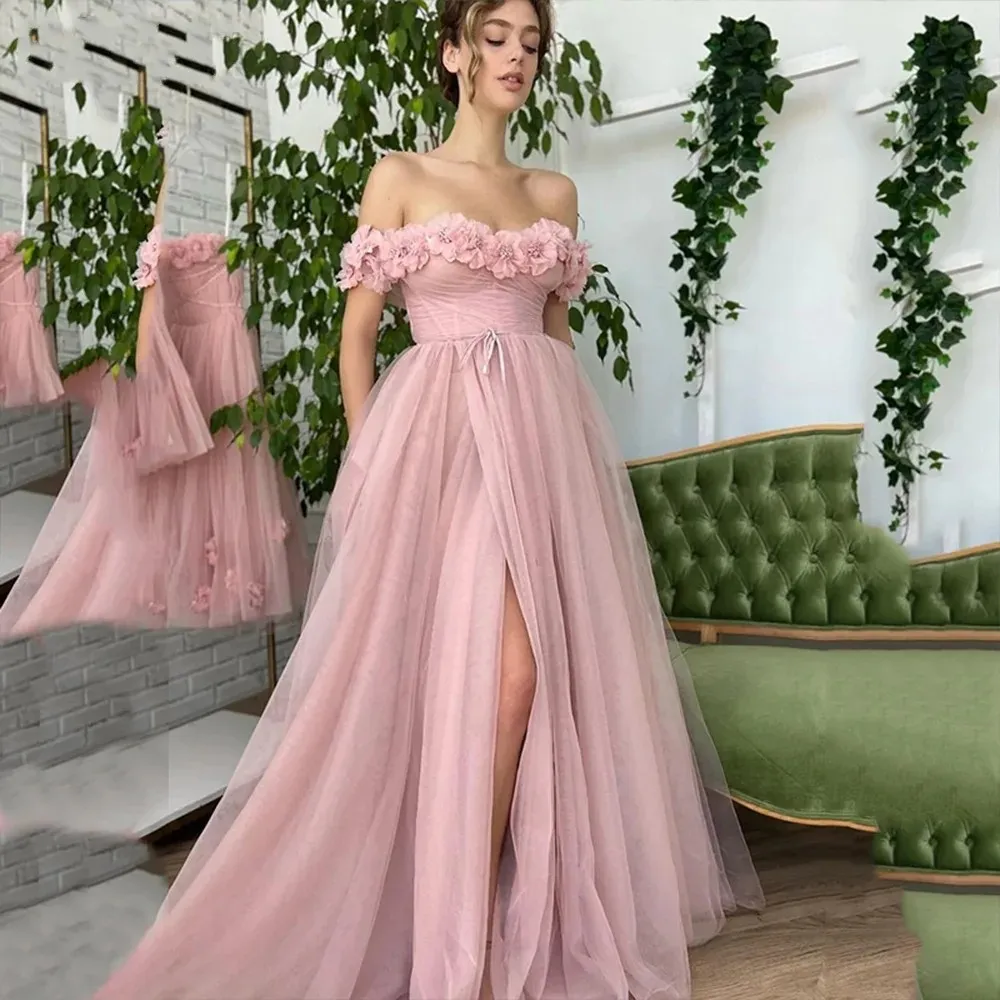 Luxe 3D Fleurs Rose Clair Robe De Soirée De Bal 2024 Femmes Hors De L'épaule Haute Split Soirée Anniversaire Robe Formelle Dos Ouvert Longueur De Plancher Arabe Robe De Soirée