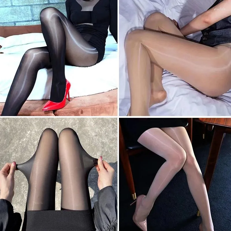 女性の靴下セクシーなストッキングオイル光沢のあるランジェリーオープンクロッチタイツパッチワークバックライン縫い合わせた超薄手ナイロンブリング
